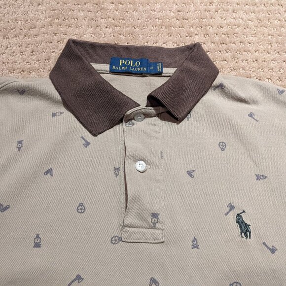 Polo Ralph Lauren Men's Large (Medium) Polo Shirt Brown Hunting Camping AOP - Picture 3 of 8